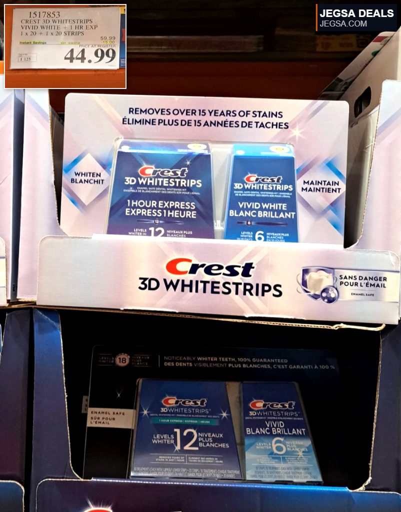 Crest 3D Whitestrips Vivid White and 1 Hour Express teeth whitening kit from Costco for $44.99, featuring 20+20 strips.