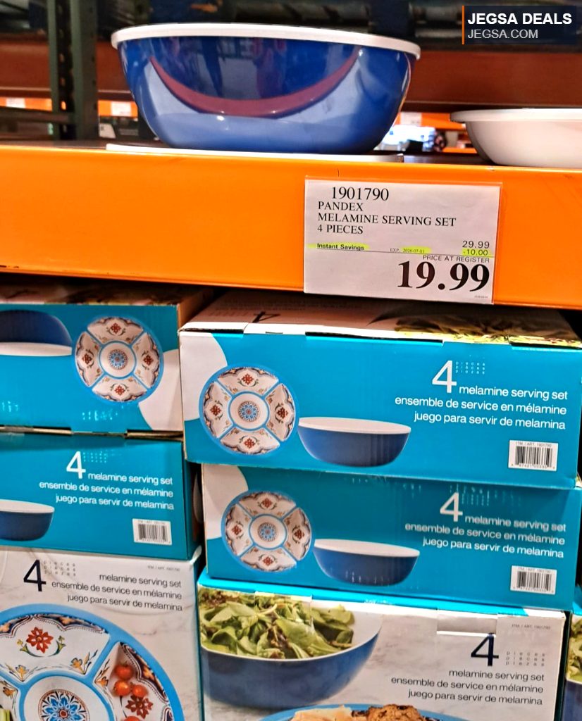 Pandex 4-piece blue and white patterned melamine serving set from Costco, ideal for salads and entertaining, priced at $19.99.