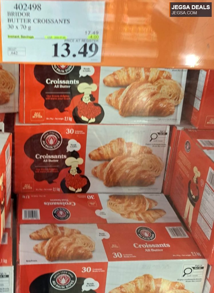Bridor All Butter Croissants, 30 x 70g frozen pastry, ready to bake from Costco for $13.49, perfect for breakfast.