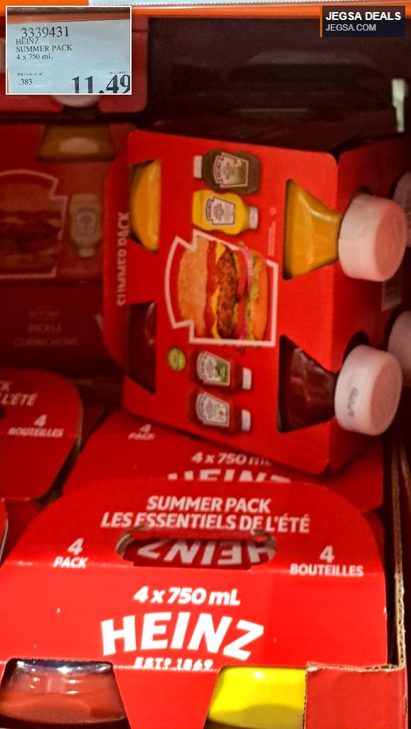 Heinz Summer Pack with 4 x 750 mL bottles of condiments like ketchup and mustard, in a red carrier, from Costco for $11.49.