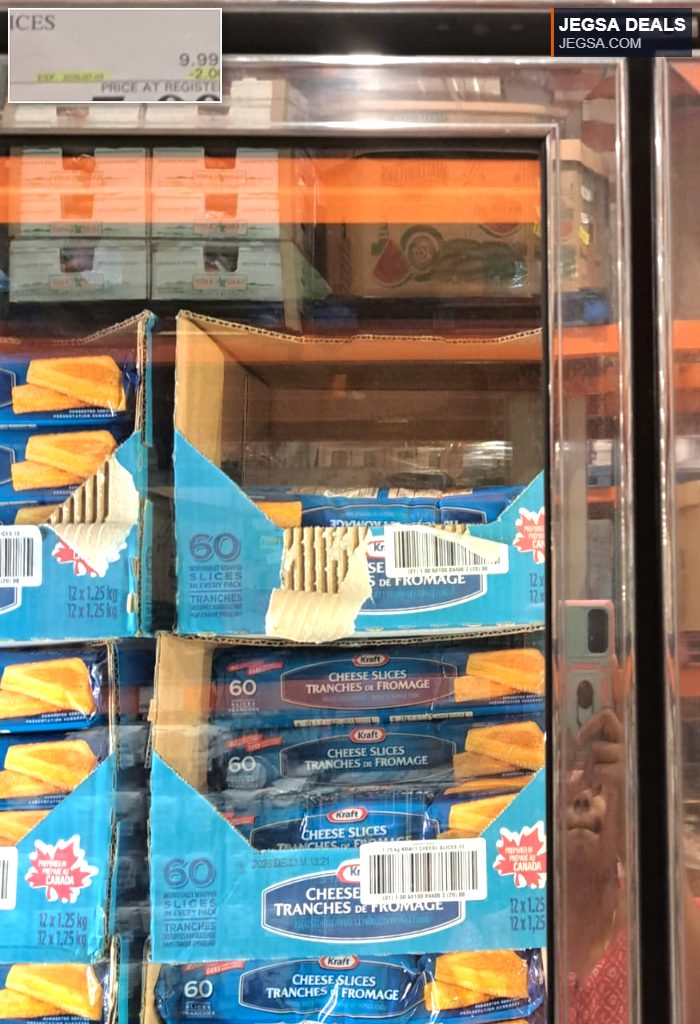 Kraft Cheese Slices 1.25kg bulk pack from Costco, ideal for sandwiches and cooking, priced at $7.99.