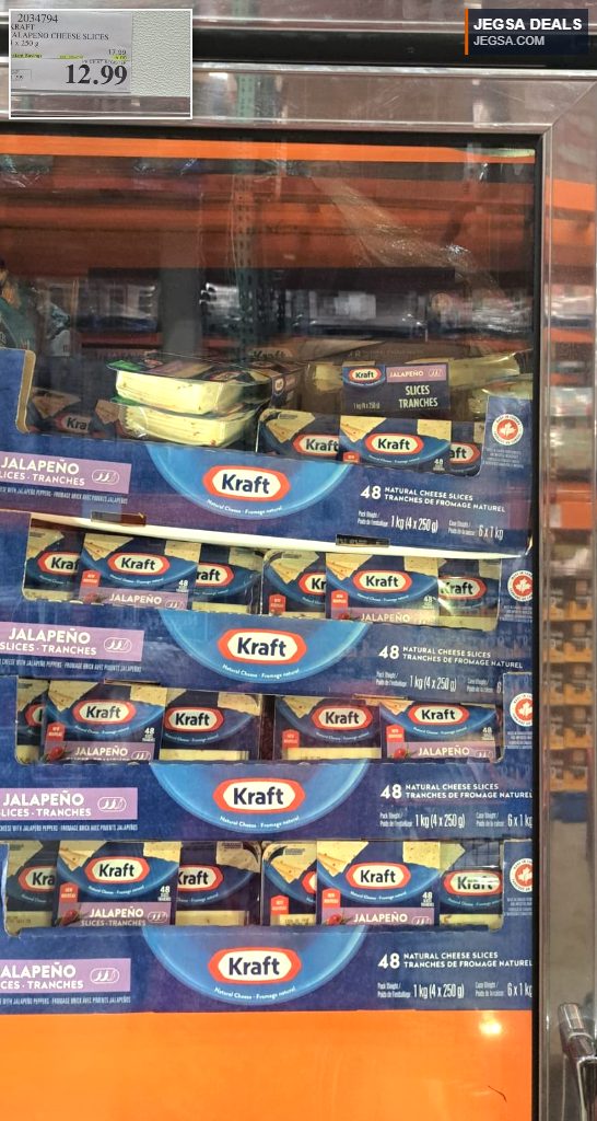 Kraft Jalapeño Cheese Slices, 4x250g pack, on sale for $12.99 at Costco, perfect for adding spice.