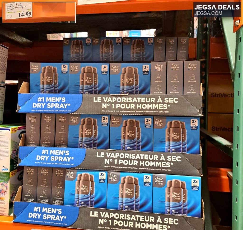 Dove Men+Care Antiperspirant Spray 3-pack (3x107g) for 72-hour protection from Costco.