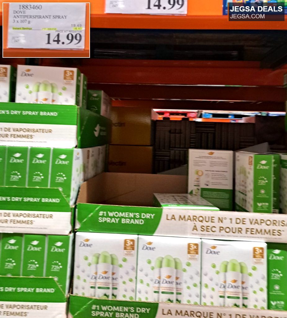 Dove Antiperspirant Spray 3-pack (3x107g) in green and white packaging on a shelf at Costco, priced at $14.99.