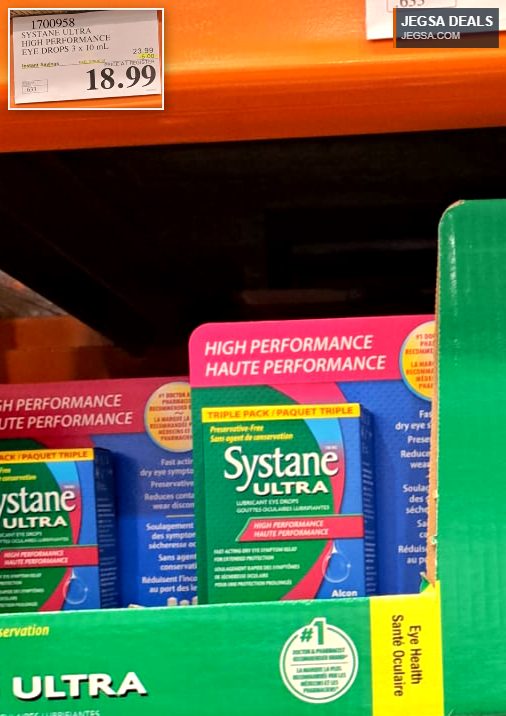 Systane Ultra High Performance eye drops, triple pack (3x10mL), for fast-acting dry eye relief, available at Costco for $18.99.