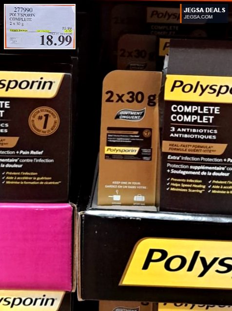 Polysporin Complete 2x30g triple antibiotic ointment for infection protection and pain relief, available at Costco for $18.99.