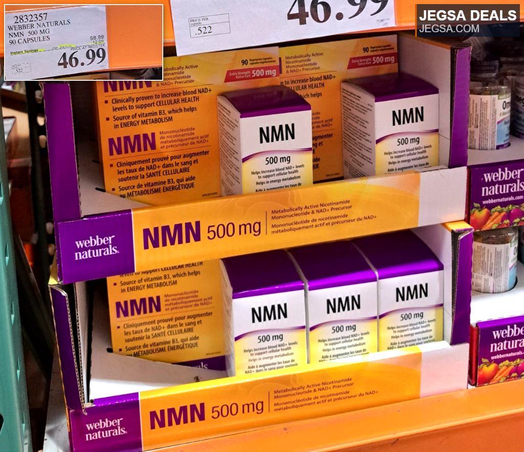 Webber Naturals NMN 500mg 90 capsules, a cellular health and energy metabolism supplement, available at Costco for $46.99.