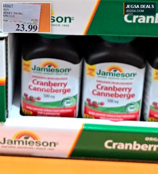 Jamieson Cranberry 500mg, 240 capsules for urinary tract health, available at Costco for $23.99.