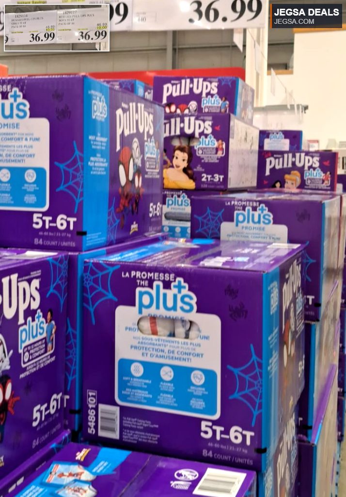 Huggies Pull-Ups Plus training pants for boys and girls, 5T-6T, pack of 84, purple boxes from Costco, priced at $36.99.