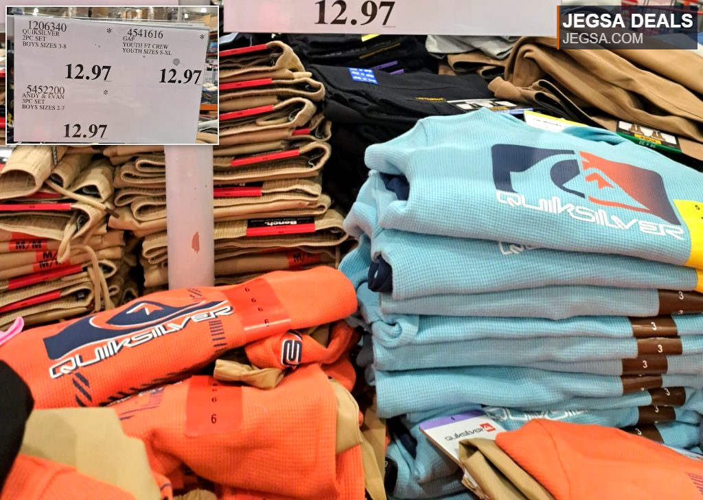 Blue and orange Quiksilver boys' 2-piece clothing set in sizes 3-8, available at Costco for $12.97.