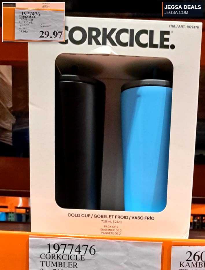 CORKCICLE Tumbler set with one black and one blue 710ml insulated cold cup from Costco, priced at $29.97.