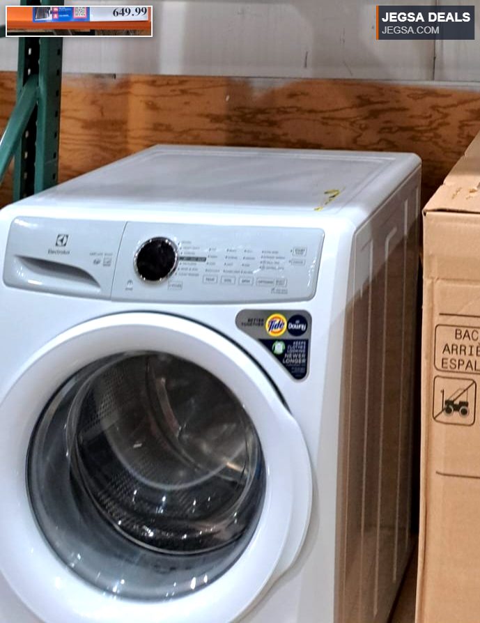 White Electrolux 27-inch front-load washing machine from Costco, priced at $649.99.