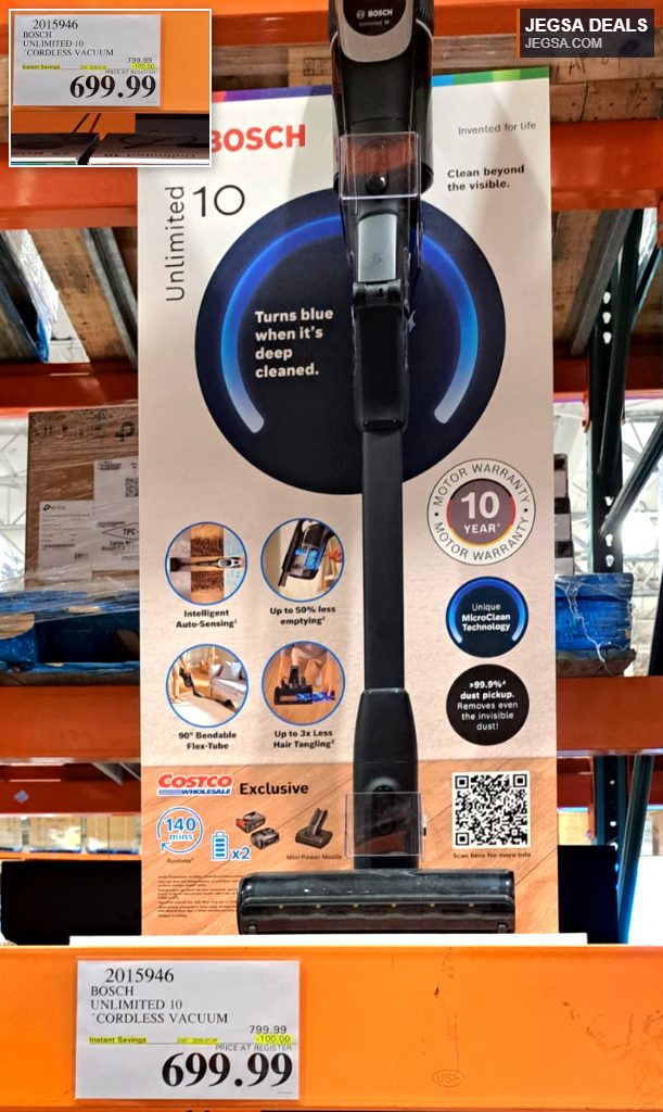 Bosch Unlimited 10 cordless vacuum cleaner, black and grey, displayed at Costco for $699.99 with MicroClean Technology.