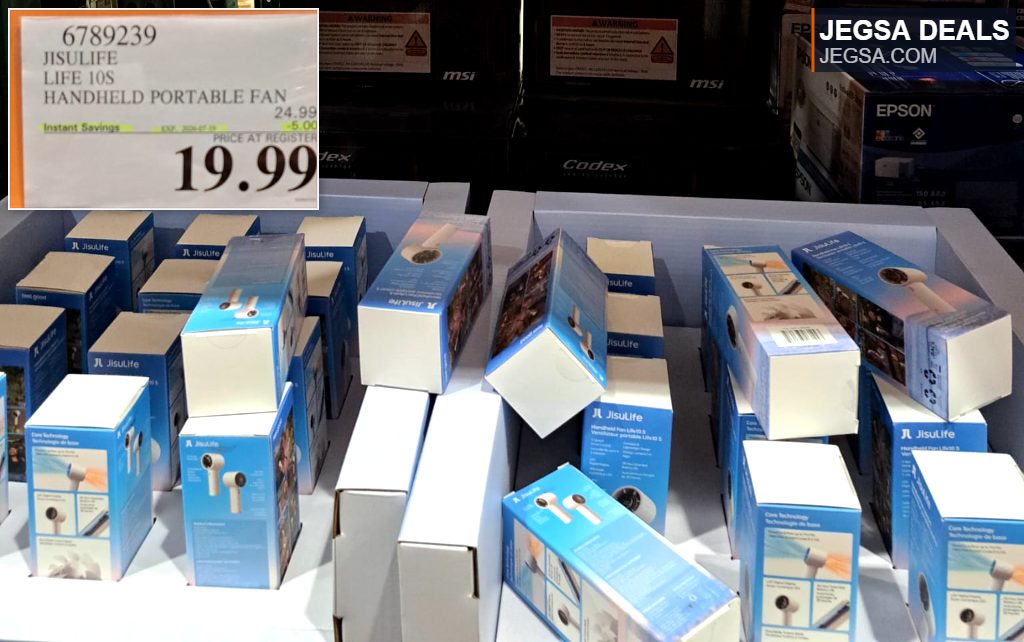 JISULIFE LIFE 10S handheld portable fan in white and blue packaging, ideal for staying cool on the go, found at Costco for $19.99.