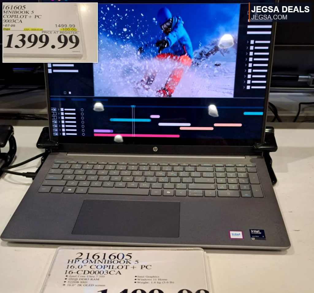 HP Omnibook 5 16.0" CoPilot + PC laptop with Intel Core Ultra 7 and 2K OLED screen, available at Costco for $1399.99.