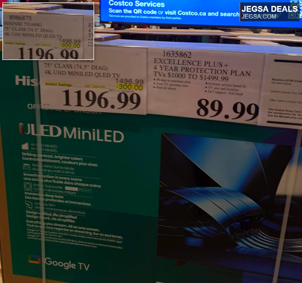 Hisense 75U68SG 75-inch 4K UHD MiniLED QLED TV from Costco, priced at $1196.99 with Google TV.