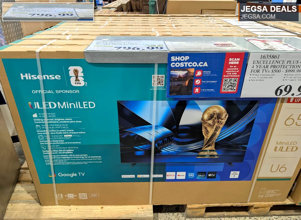 Hisense ULED MiniLED 65-inch 4K UHD TV from Costco, $796.99, featuring Google TV and FIFA World Cup branding.