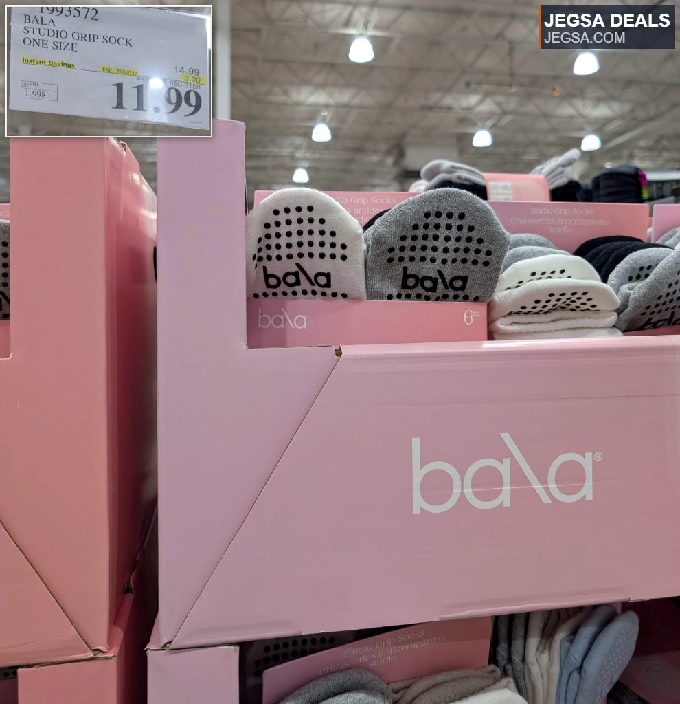 Bala Studio Grip Socks in white and grey with black grip dots, ideal for yoga and Pilates, available at Costco for $11.99.
