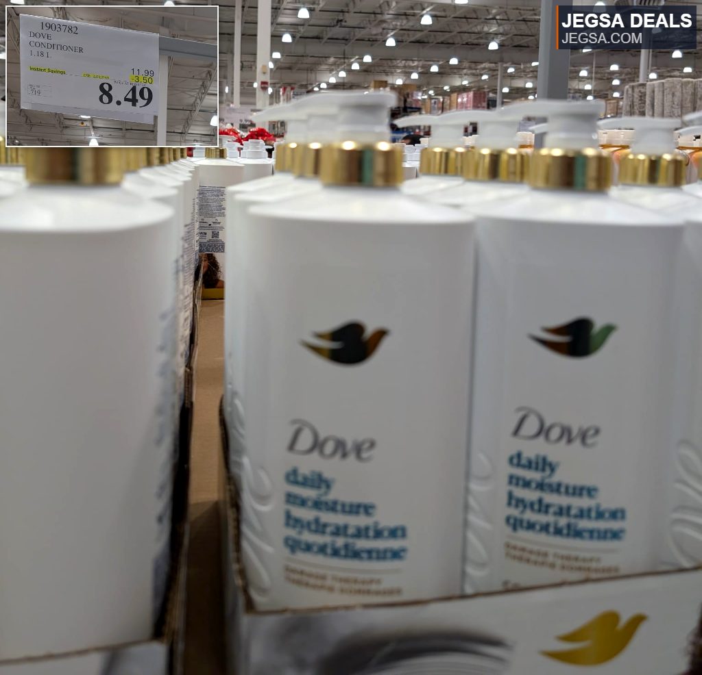 Large white Dove Daily Moisture Conditioner 1.18L bottle with gold pump top from Costco, priced at $8.49.