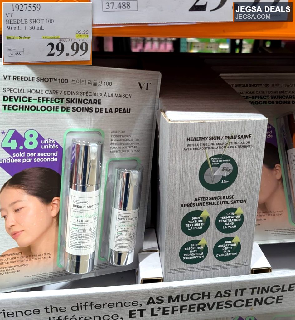 VT REEDLE SHOT 100 device-effect skincare set (50mL + 30mL) from Costco, designed for pore care and smooth skin texture.