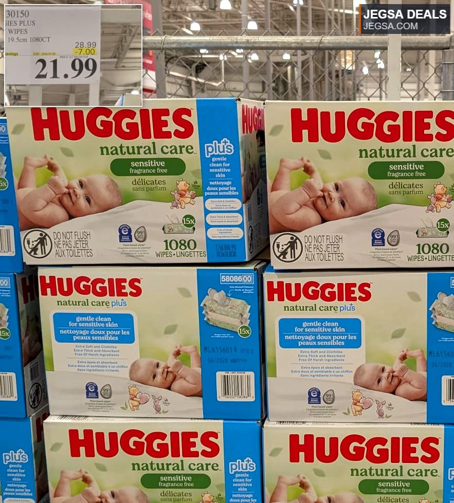 Huggies Natural Care Plus sensitive baby wipes, 1080 count, for gentle cleaning, from Costco at $21.99.