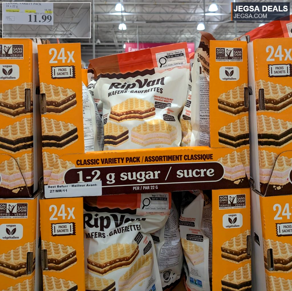 Rip Van Wafers Classic Variety Pack, 24 count, featuring chocolate hazelnut and strawberry flavors, on display at Costco for $11.99.