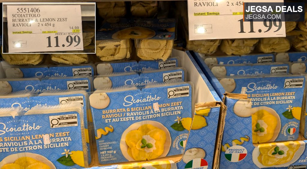 Scoiattolo Burrata & Sicilian Lemon Zest Ravioli, fresh pasta with creamy burrata and zesty lemon from Costco, $11.99.