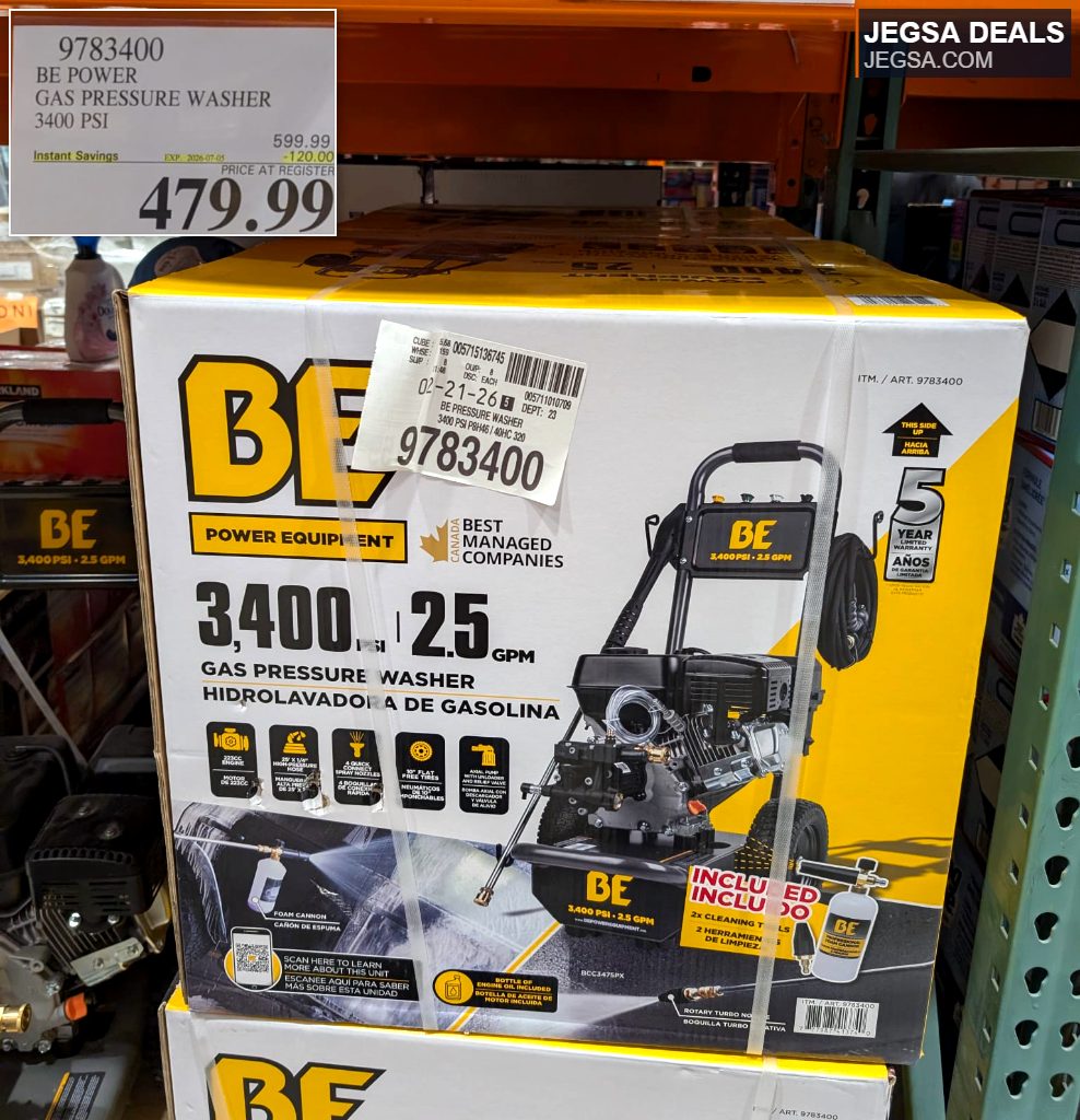 BE Power Gas Pressure Washer 3400 PSI 2.5 GPM from Costco for heavy-duty outdoor cleaning tasks.