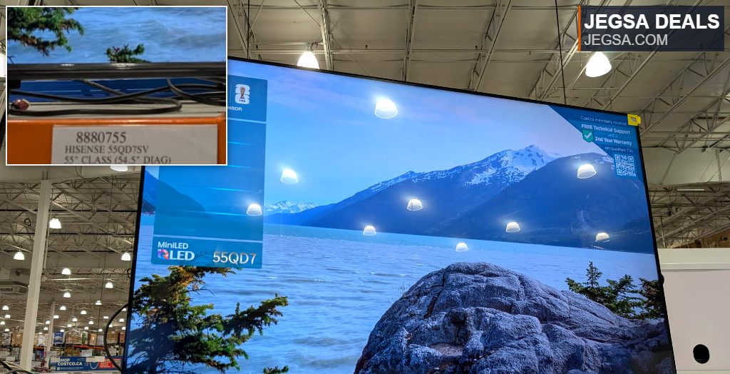 Hisense 55-inch 4K UHD QLED MiniLED TV on display at Costco, featuring a bright and clear picture.