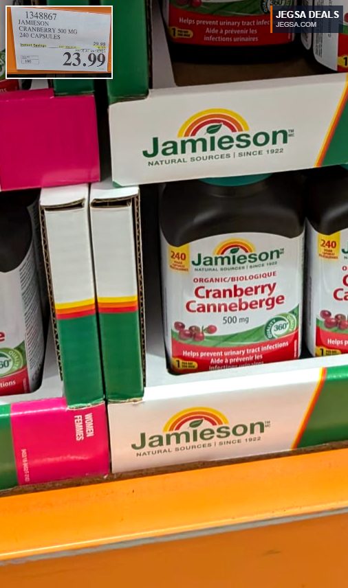 Jamieson Cranberry 500 mg 240 capsules, a natural health product for urinary tract support, found at Costco for $23.99.