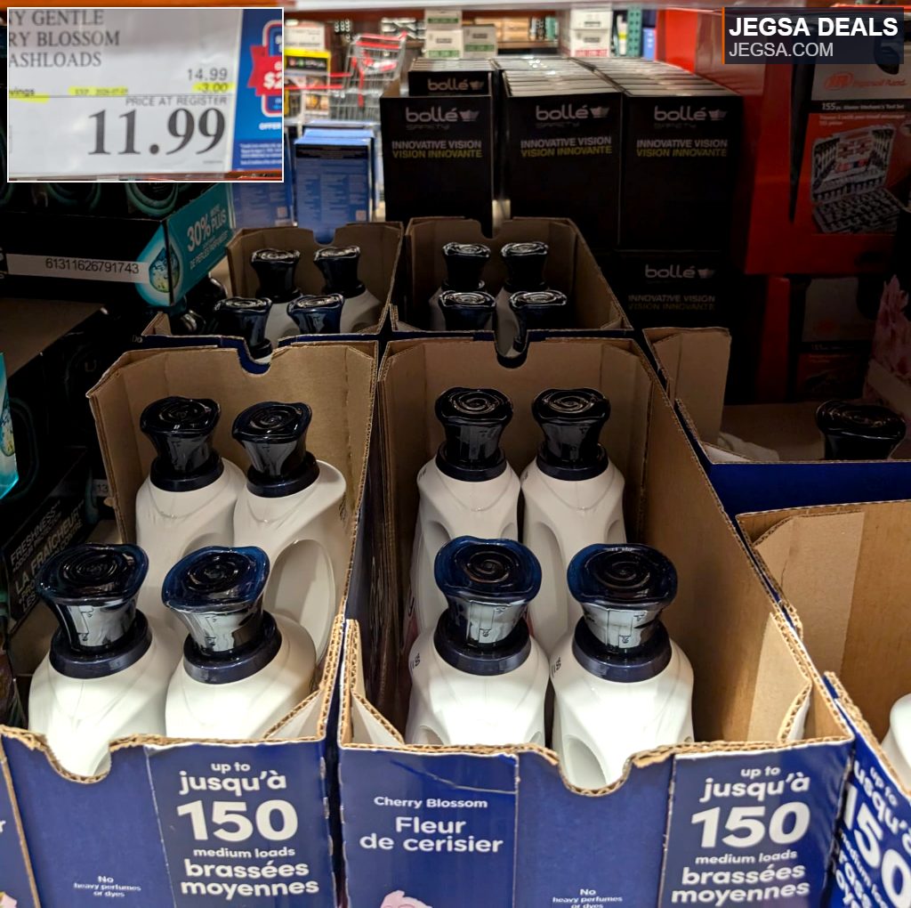 Downy Gentle Cherry Blossom liquid laundry detergent for 150 loads, white bottle with blue cap, from Costco for $11.99.
