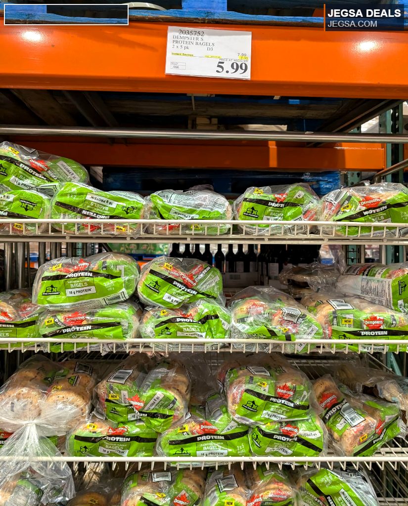 Dempster's Protein Bagels in green and clear packaging, 2x5 packs, displayed on a shelf at Costco for $5.99.