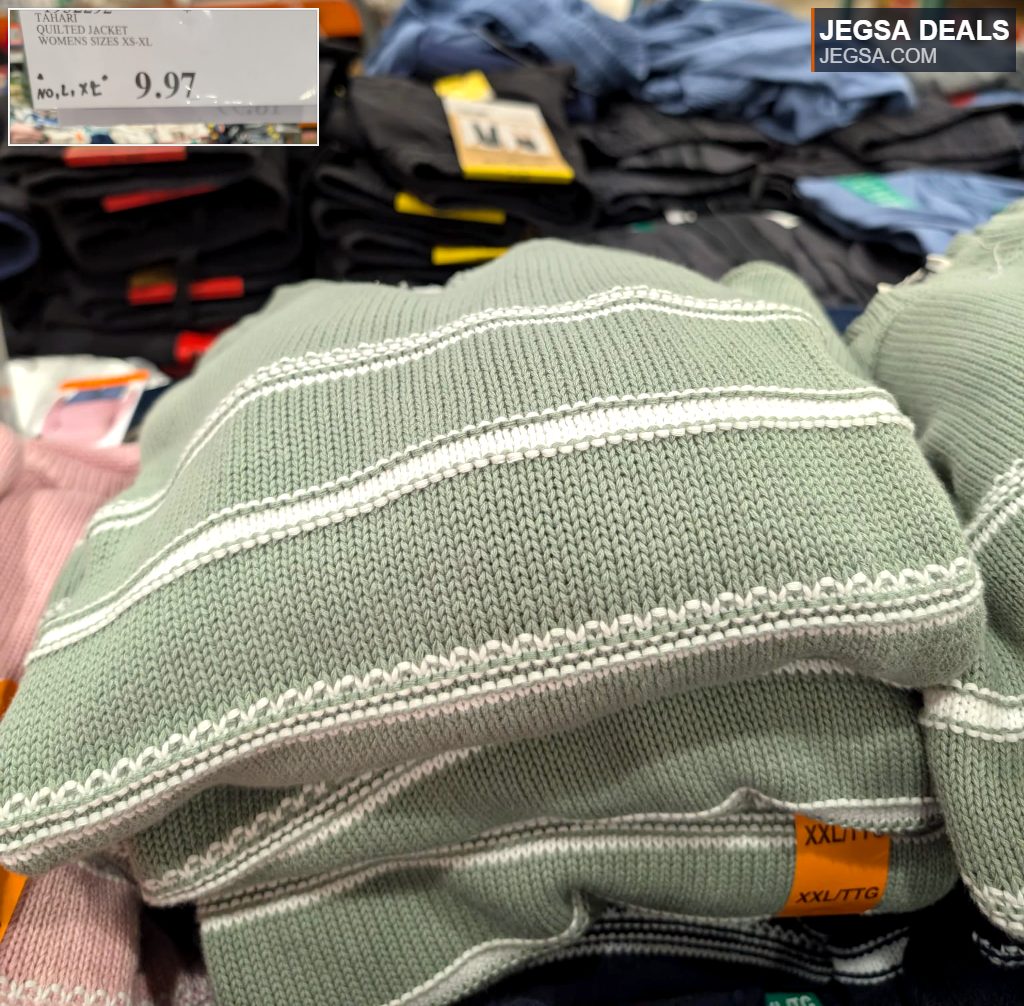 Green knit sweater with white stripes, XXL size, available at Costco for $9.97. Comfortable and casual.