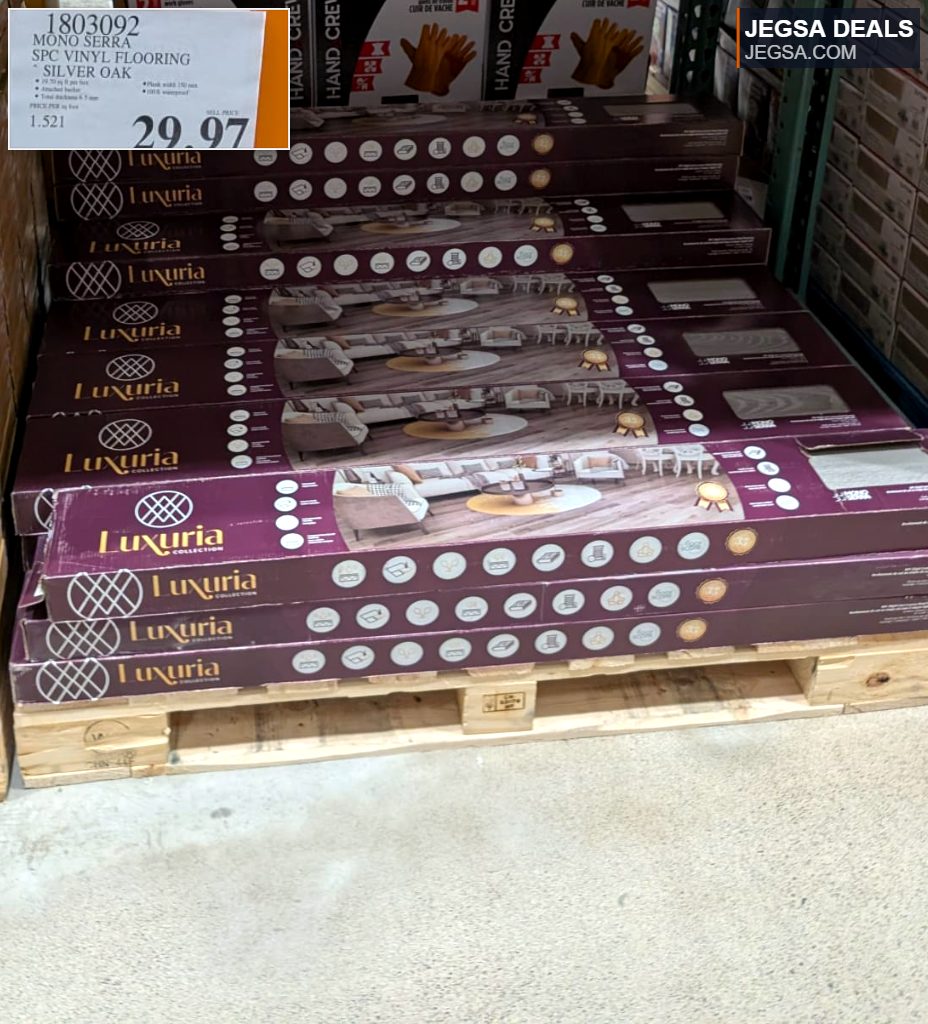 Mono Serra Silver Oak Rigid Core SPC Vinyl Flooring from Costco, $29.97, durable and waterproof for home installations.