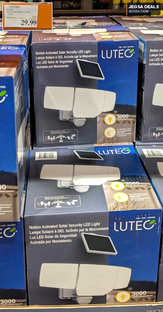 White LUTEC motion-activated solar security LED light from Costco, ideal for outdoor illumination and safety.