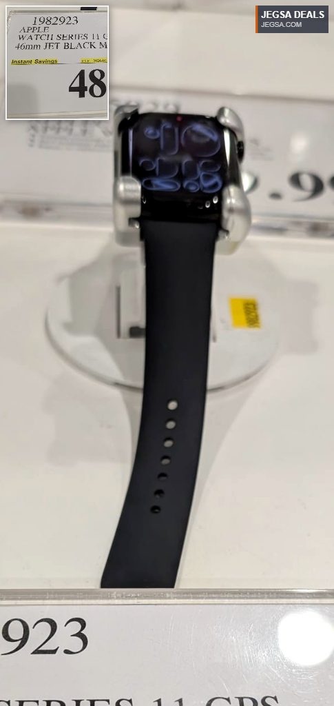 Apple Watch Series 11 GPS 46mm Jet Black M/L on display at Costco, priced at $488.99 with instant savings.