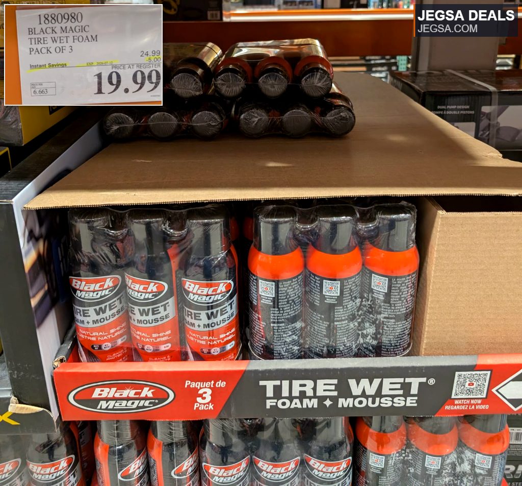 Black Magic Tire Wet Foam + Mousse 3-pack for natural shine and cleaning, found at Costco for $19.99.