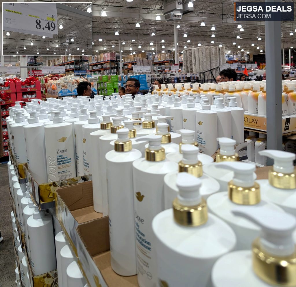 Large 1.18L bottle of Dove Daily Moisture Hydration Conditioner from Costco for $8.49, with white bottle and gold pump.