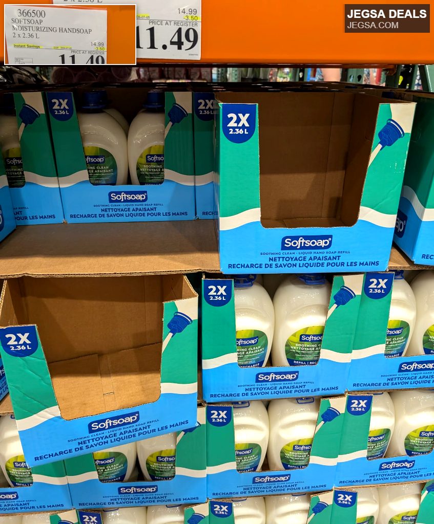 Softsoap Soothing Clean Moisturizing Hand Soap Refill 2 x 2.36 L from Costco, priced at $11.49 with instant savings.