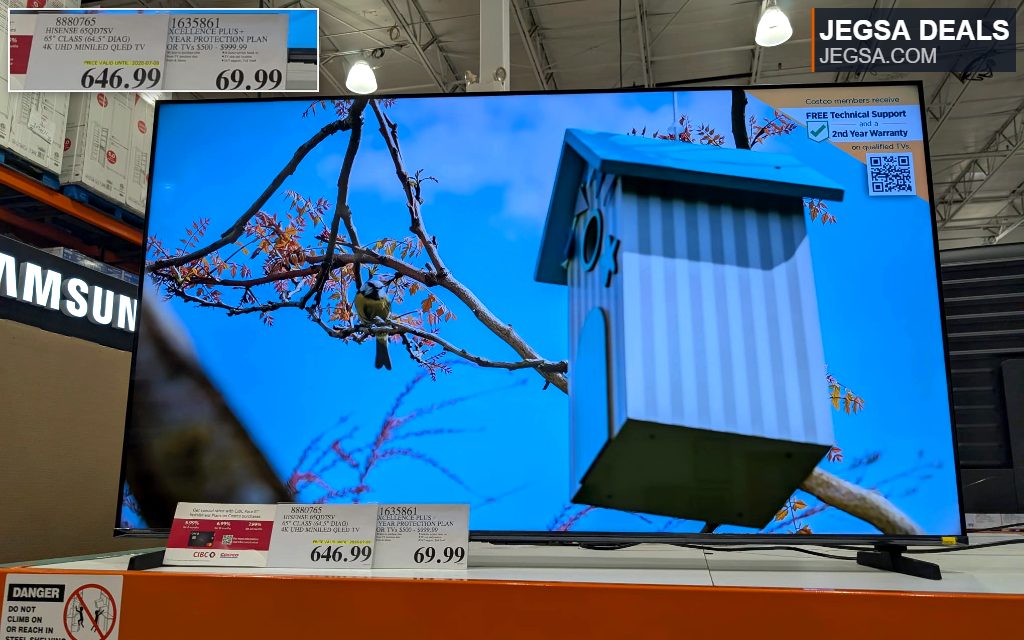 Hisense 65-inch 4K UHD QLED TV on display at Costco, featuring a vivid screen for immersive home entertainment.
