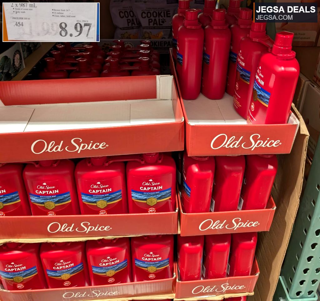 Old Spice Captain Body Wash, 2 x 987mL red bottles with ocean mist scent, available at Costco for $8.97.