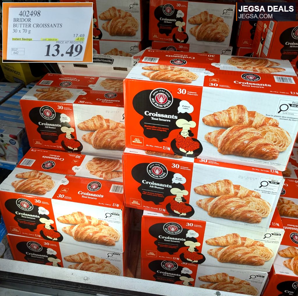 Brador Butter Croissants, 30 x 70g frozen ready-to-bake pastries from Costco for $13.49.