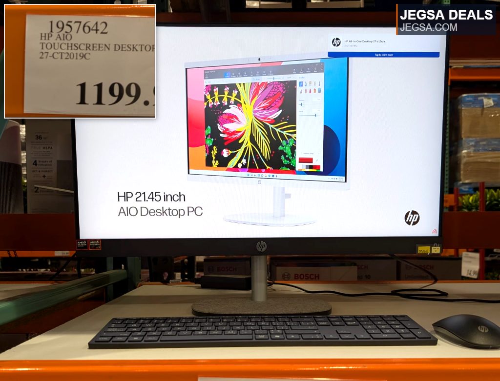 HP AIO Touchscreen Desktop 27-CT2019C in white and black, available at Costco for $1199.97, ideal for productivity and entertainment.