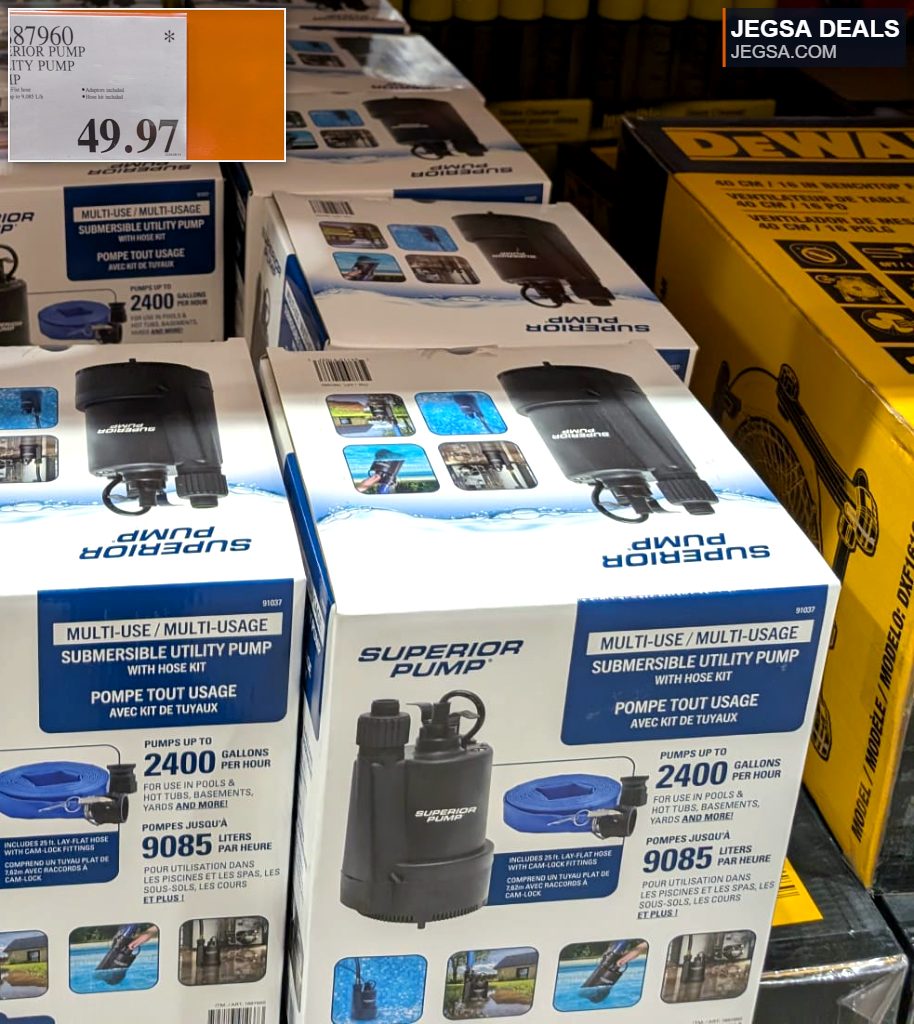 Superior Pump 1/3 HP Multi-Use Submersible Utility Pump with hose kit from Costco, priced at $49.97.