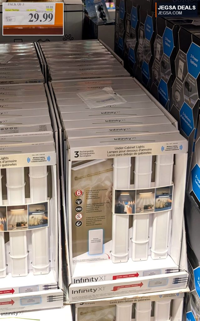 Infinity X1 rechargeable motion-activated under-cabinet lights 3-pack with remote, perfect for kitchen or closet lighting, from Costco for $29.99.