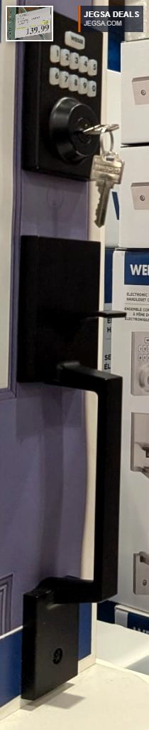 Weiser electronic deadbolt and handleset combo pack in matte black for enhanced home security, seen at Costco for $139.99.