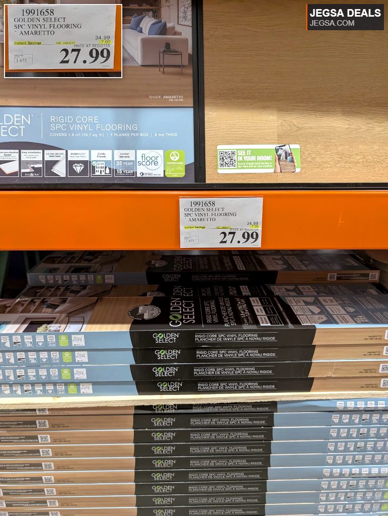 Golden Select Amaretto rigid core SPC vinyl flooring from Costco, priced at $27.99 per box, covering 1.5m².