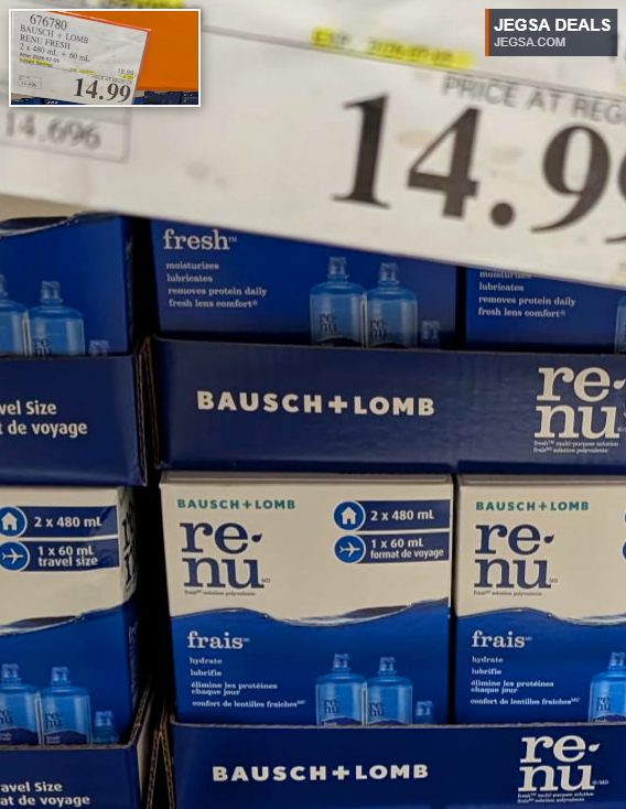 Bausch + Lomb ReNu Fresh multi-purpose contact lens solution, 2x480mL plus 60mL travel size, from Costco for $14.99.