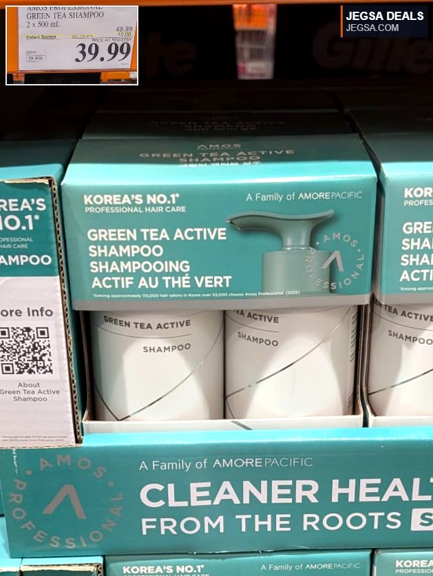AMOS Professional Green Tea Shampoo 2x500mL from Costco for healthier hair, elasticity, and volume.
