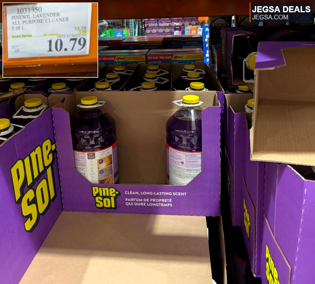 Large 5.18L bottle of Pine-Sol Lavender All Purpose Cleaner in a purple bottle with yellow cap, seen in bulk at Costco for $10.79.